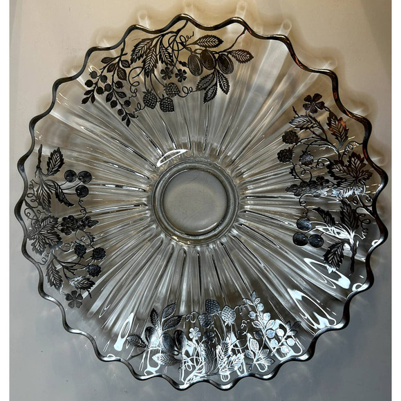 VTG Sterling Silver Overlay Sunburst Round Glass Scalloped Edge 14.5" Platter - Picture 4 of 7